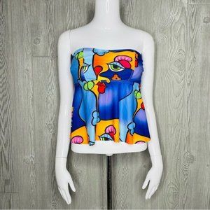 Cartoon Graphic Bandeau Peplum Bikini Swimsuit top strapless bathing suit swimwe